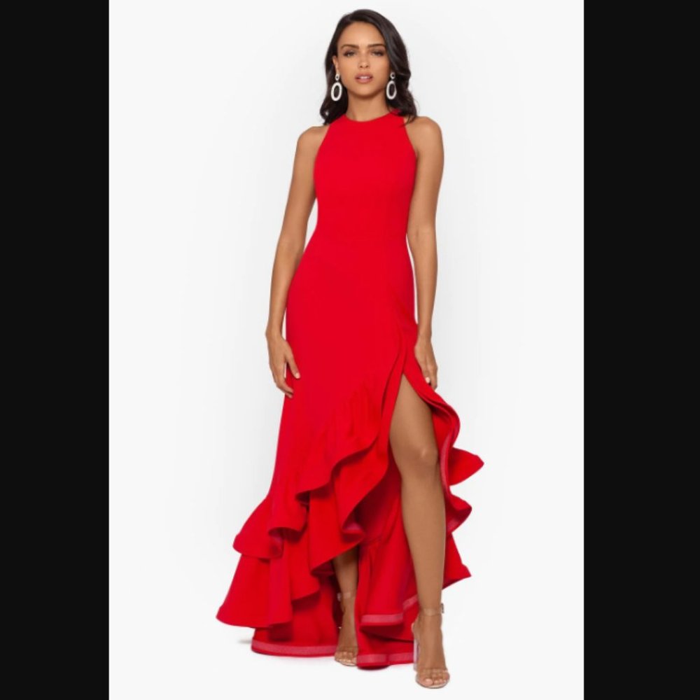 NWT Betsy & Adam Red Sleeveless Hollywood Glam Halter Trumpet Gown, Size 10